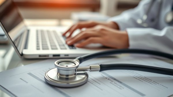 Stethoscope and doctor typing on laptop, emphasizing the importance of payer contracts in healthcare.