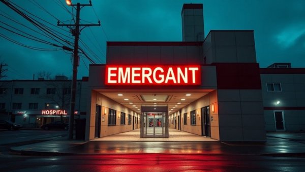 Emergency sign at Indiana hospital, night view highlighting healthcare price caps discussion.