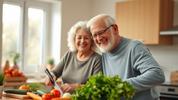 Happy older couple preparing healthy meal, protein intake guidelines