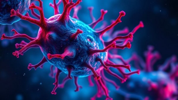 Abstract image of a tumor cell with branching structures, representing Vitamin D therapy for glioblastoma.