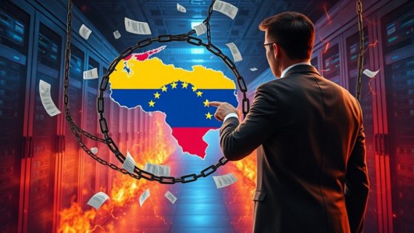Venezuelan oil exports illustration with chained flag and tech servers.