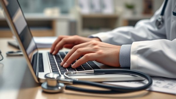 Doctor typing patient messages to providers on laptop