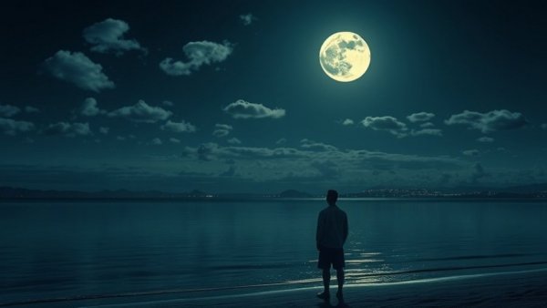 Full moonlight silhoutte over tranquil ocean, harness full moon energy.