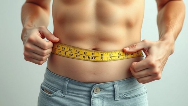 Person measuring belly fat with tape, focus on waist.