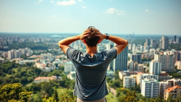 Man with authentic confidence vs ego overlooking urban landscape