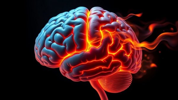 Illustration of Alzheimer's disease with brain half on fire.