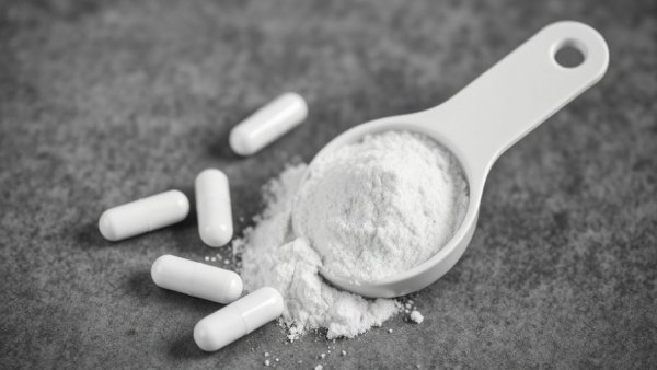 Creatine powder and capsules on textured surface for depression treatment