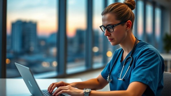 Healthcare professional in scrubs using laptop for TEFCA health information exchange.