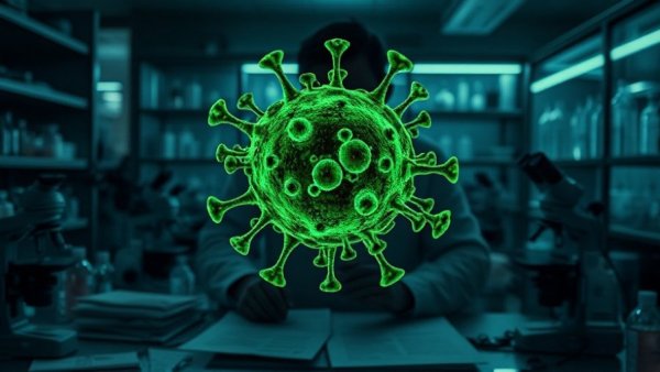 Researcher in lab with virus projection, Wuhan Institute context