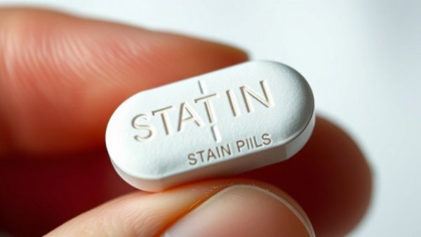 Macro shot of a statin pill held between fingers, statin side effects.