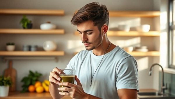 Man in kitchen with blender preparing smoothie, Best Multivitamins for Men