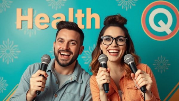 Cheerful duo with microphones and retro teal design discussing caregiving.