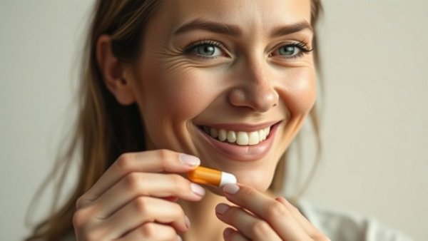 Woman holding a supplement pill, related to menopause and nitric oxide benefits.