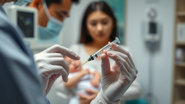 Doctor prepares syringe while parent holds baby, vaccine study context.
