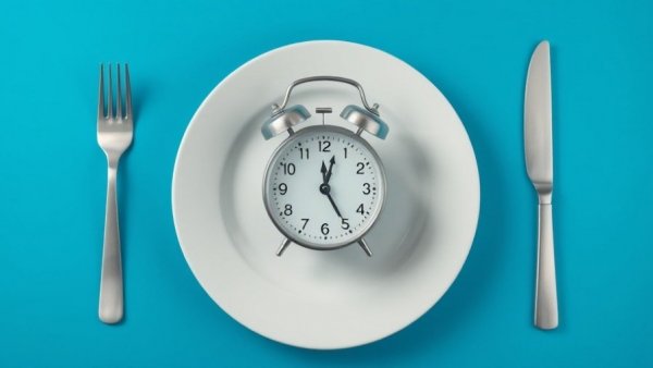 Intermittent fasting concept with clock on plate.