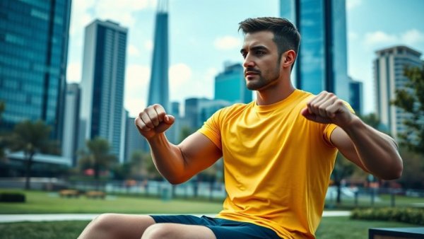 Athletic man exercising in city park, showcasing fitness and determination.