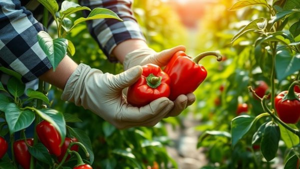 Farmworker harvesting peppers in lush green field, Medicaid work requirements for farmworkers