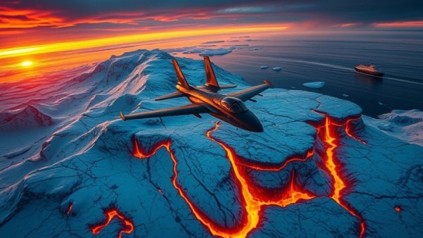 Military plane over ice with lava at sunset, Trump Greenland Purchase