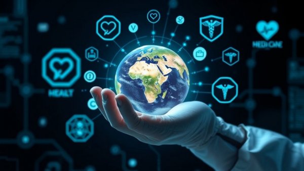 Digital Earth with global dementia risk factors icons held by a gloved hand.