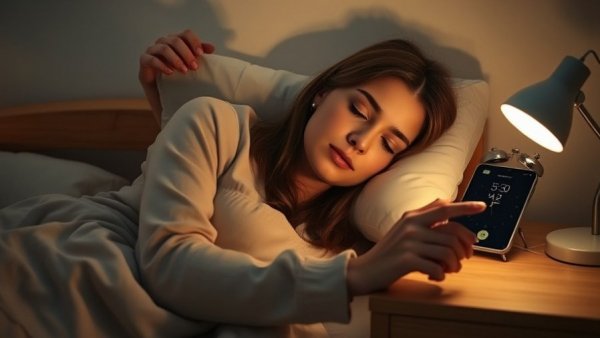 Woman waking up and reaching for phone alarm at 5:30 AM