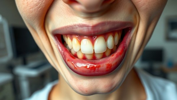 Close-up of inflamed gums indicating gum disease and heart valve risk.