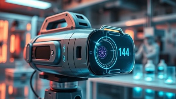 Futuristic device for single-camera impairment detection, high-tech design.