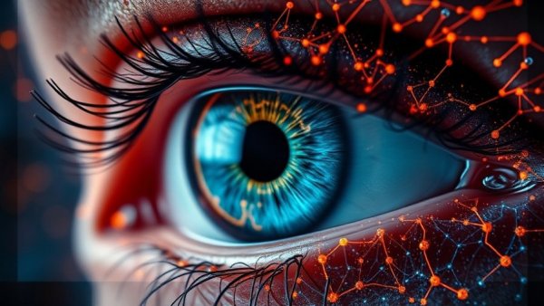 Abstract eye with vibrant neural patterns in blue and orange