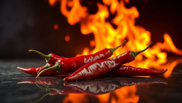 Fiery red chili peppers with flames, relating to chili peppers cancer risk.
