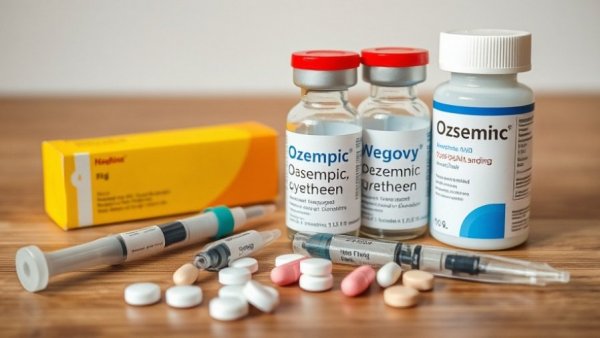 Ozempic and Wegovy medication with injection pens and pills.