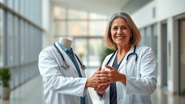 Smiling female doctor shaking hands in a hospital lobby.