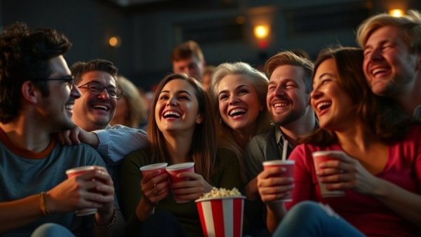 Friends enjoying time at a movie theater, laughing and having fun.