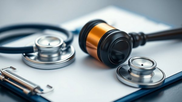 Gavel and stethoscope on clipboard, law and healthcare concept.