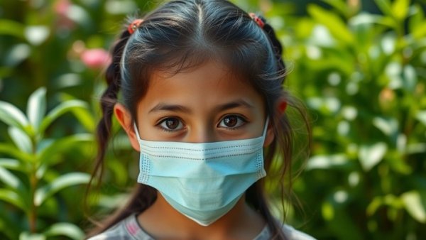 Young girl in mask looking thoughtful, outdoors with greenery.