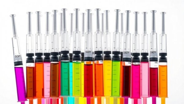 Colorful syringes with liquids standing upright on white background