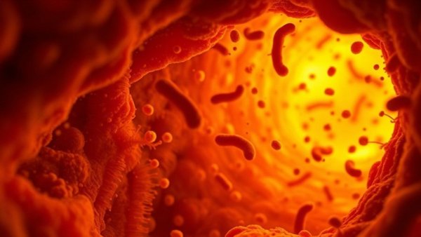 Microscopic view of gut showing bacteria and villi interactions.