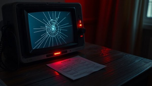 Damaged electronic voting machine with red light and check mark paper.