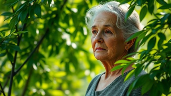 Mature woman in serene garden setting, peaceful expression.