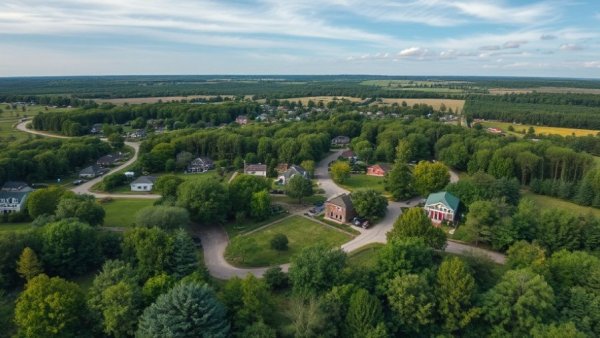Aerial view of rural Mississippi Delta neighborhood with greenery.