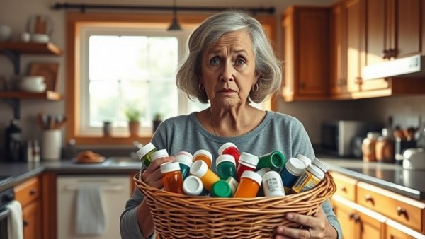 Concerned woman with medications in kitchen, representing Medicaid benefits denials.
