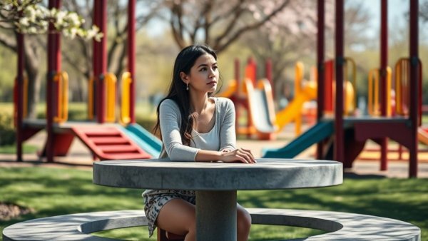 Woman seated at park table amid playground, highlighting Measles Comeback concerns.