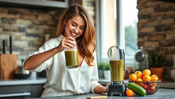 Smiling woman preparing a healthy breakfast smoothie for energy in a modern kitchen.