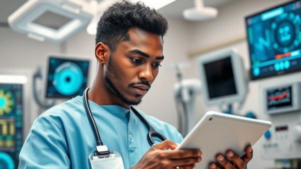 Healthcare worker using AI technology for digital healthcare in Ghana
