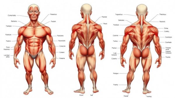 Muscle anatomy illustration highlighting pectoralis, deltoids, trapezius, and triceps.