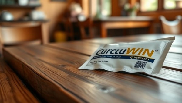 Close-up of CurcuWIN QuickStrip package on wooden table.