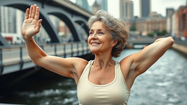 Woman demonstrating fitness with Vitamin D context by river.