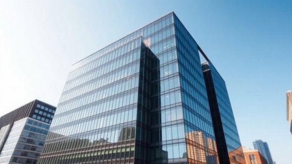 Modern office building reflecting blue sky; architecture