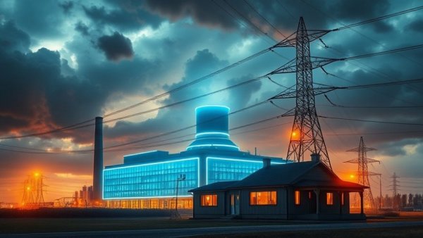 Futuristic power plant and house with protective glowing shield, Ratepayer Protection Pledge.