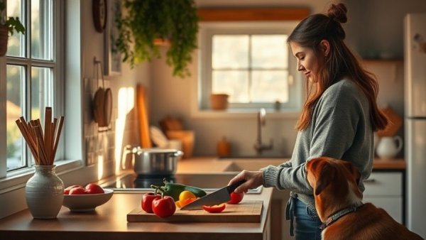 Woman chopping red peppers in cozy kitchen with a dog, gastroparesis women risk.
