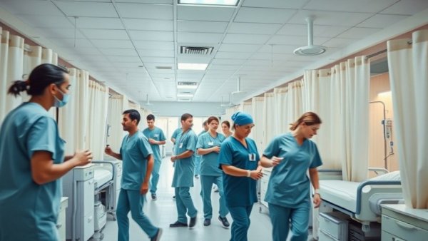 Healthcare professionals in a busy hospital ward, AHRQ healthcare funding cuts.