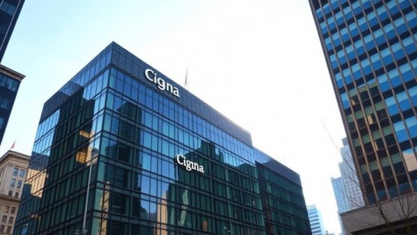 Cigna corporate building exterior with logo, clear sky background